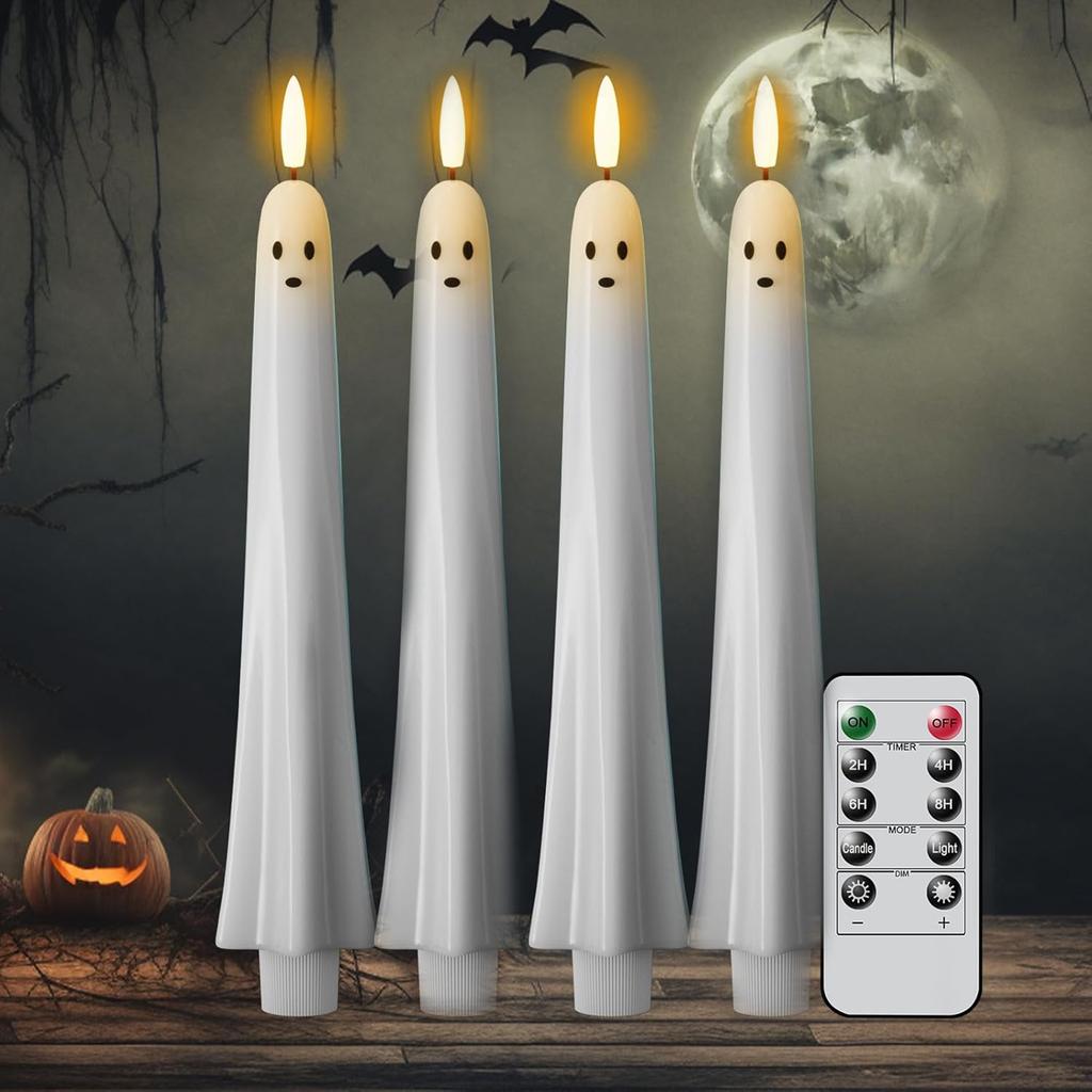2/4/6 Pack Ghost Taper Candles Battery Operated Flameless Taper Candles White Spooky Candles Halloween Dinner Decoration Indoor