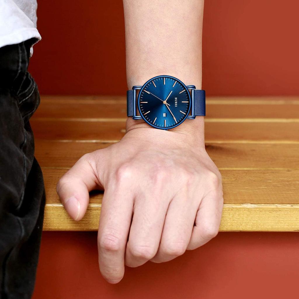 BUREI Men's Watch Simple Waterproof Analog Popular Wristwatch Brand Stylish Milanese Mesh Band (blue)