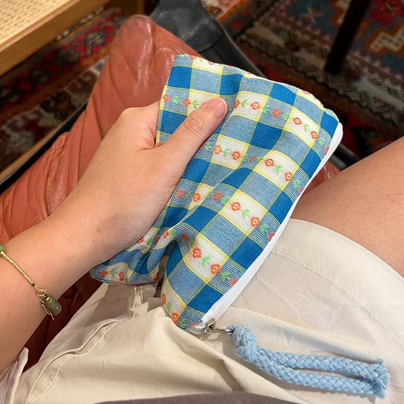 Plaid Floral Women's Small Cosmetic Bags Retro Ladies Lipstick Storage Bag Pouch Portable Female Travel Makeup Case Handbags