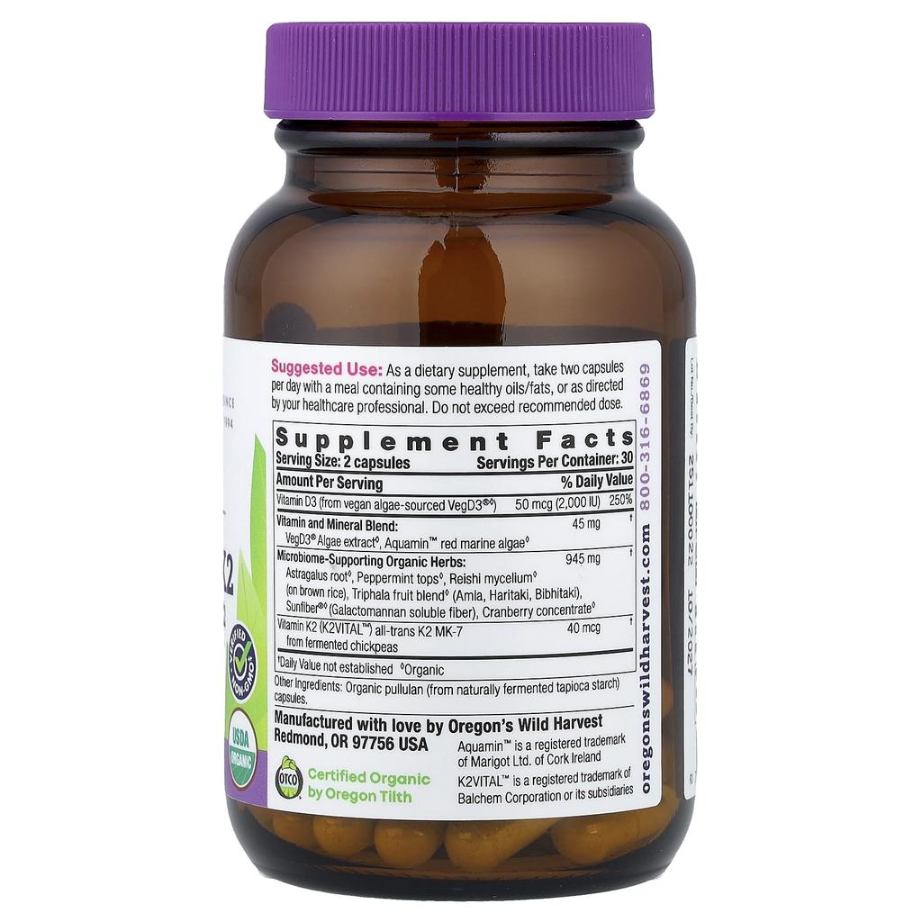 Oregon's Wild Harvest Organic Vitamin D3 + K2, Organic Vegan Capsules 60 Tablets