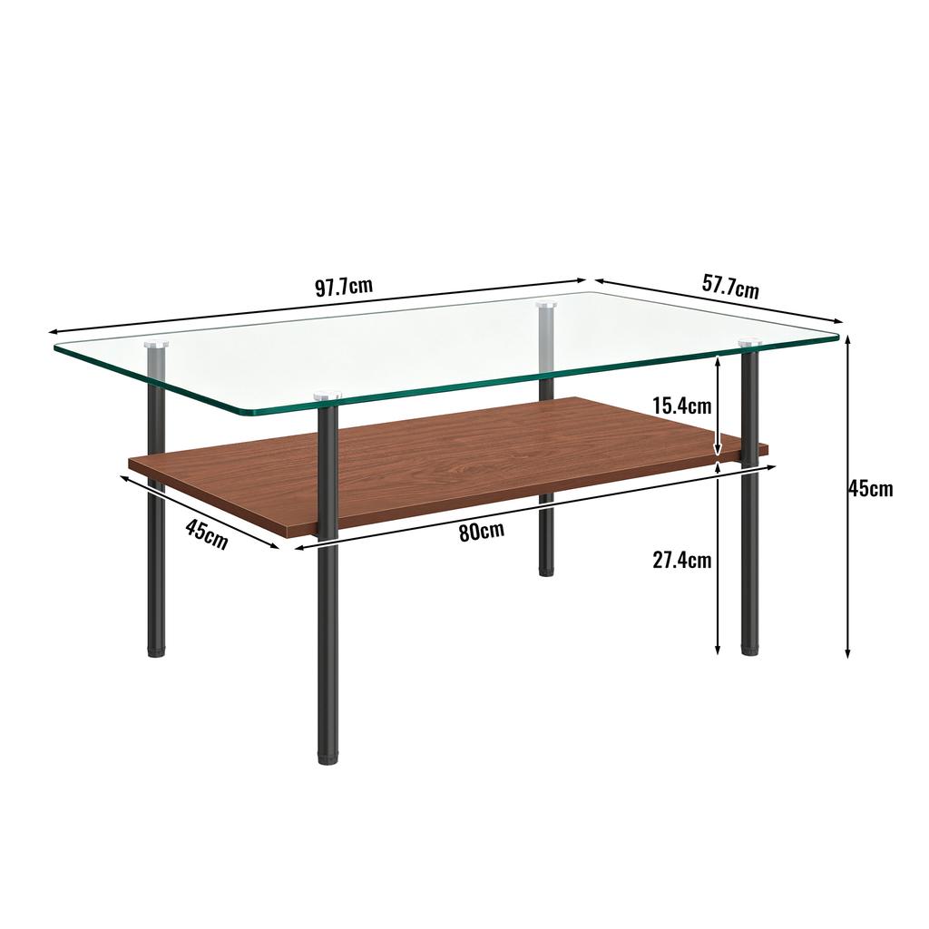 Modern Coffee Table with Glass Top and MDF Shelf, 2-Tier Living Room Table with Metal Frame, Sofa Table with Storage, Black/Wood - H45/W98/D58 cm