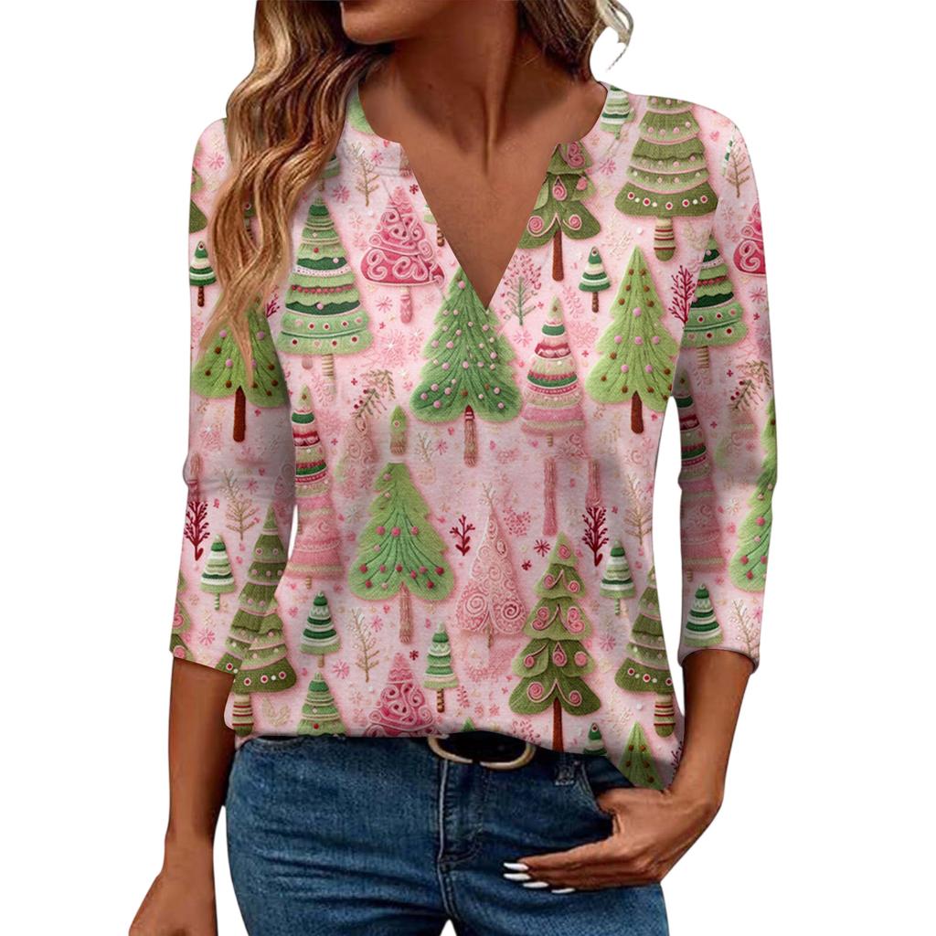 Women's Casual Fashionable Sexy Comfortable V-Neck Christmas Three-Quarter Sleeve Top