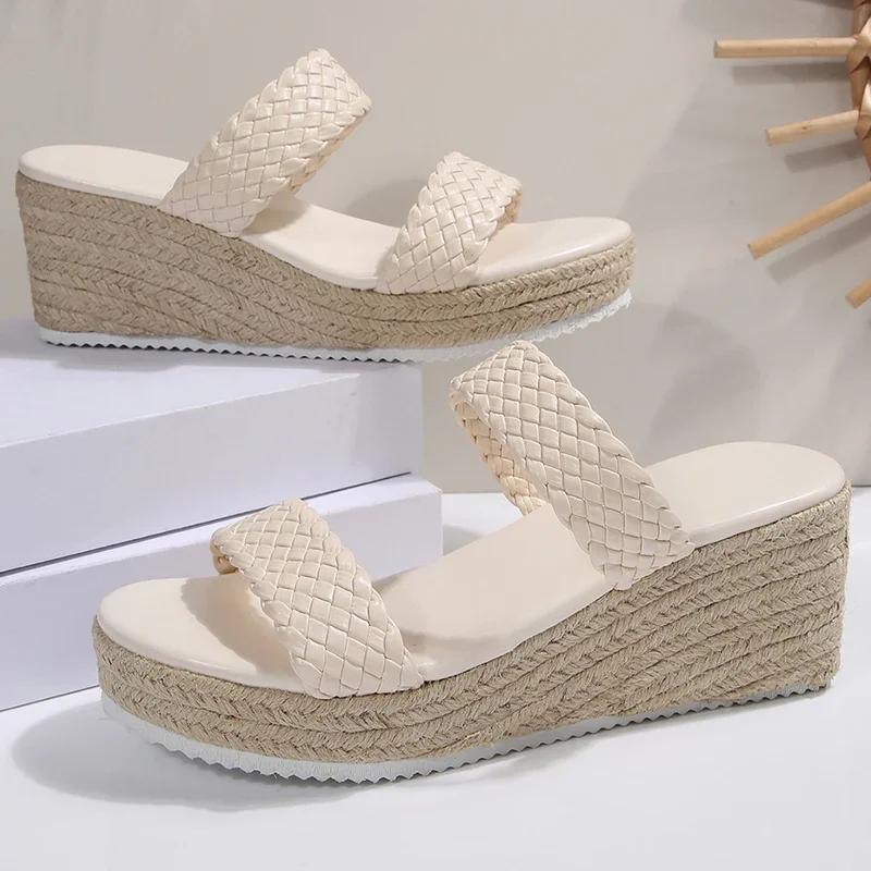 Fashion Women Shoes Plus Size 35-43 Woven Band Wedges Sandals Women Summer Platform High Heels Slippers Woman Weave Thick Sole Sandles