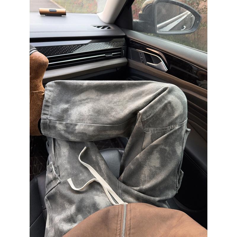 American retro camouflage pants men's summer big pocket tie-dye straight casual pants design sense tooling jeans