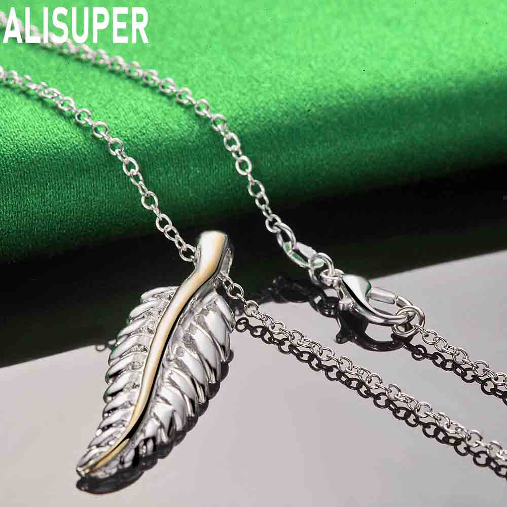 925 Sterling Silver Feather Pendant Necklace Fashion Wedding Jewelry