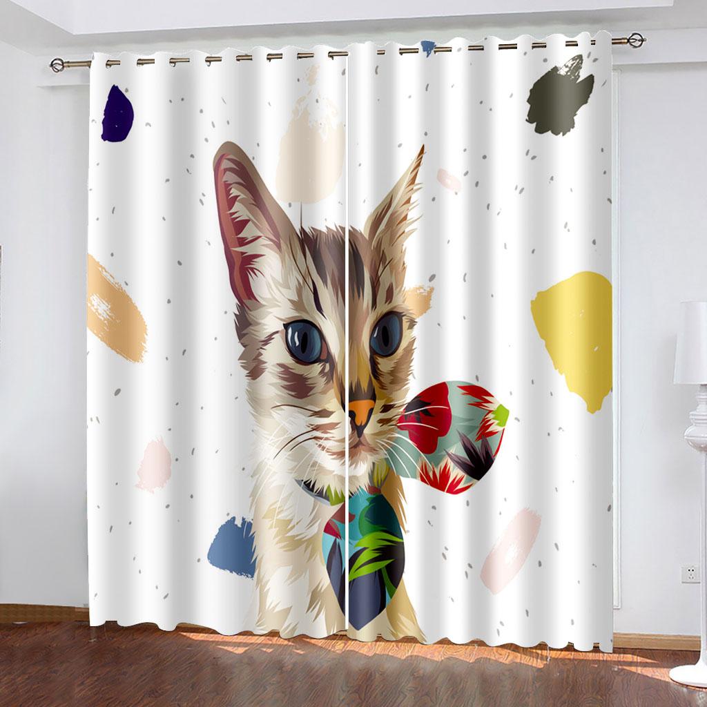 Polyester Window Curtain for Bedroom and Living Room, 2 Panel Decor Hooks, Black Cute Cat, Thin Shading, 130x240, Free Shipping
