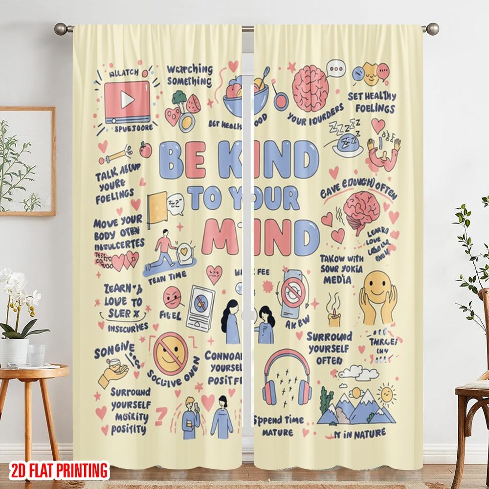 2pcs 2D Flat Printing Curtains Mindful Living Self-Care Polyester Without Electricity Festive Curtains for Entryway Room Parties