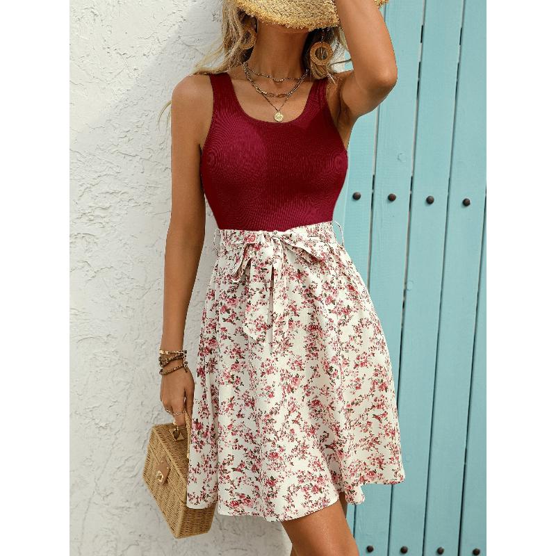 

Summer Dress Knit Floral Printed Dresses for Women Sleeveless Knee Length Tummy Control Casual Elegant Dress XL червоний