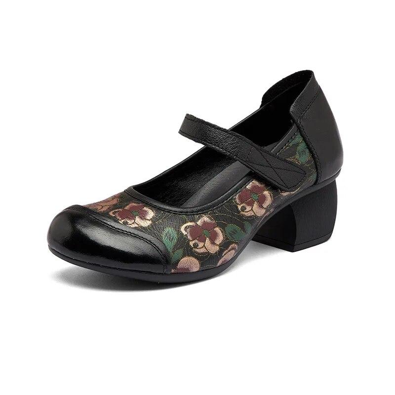 

Johnature/лодочки с принтом в этническом стиле, женская обувь из натуральной кожи в стиле ретро с круглым носком, на толстом каблуке и на мягкой подошве 40