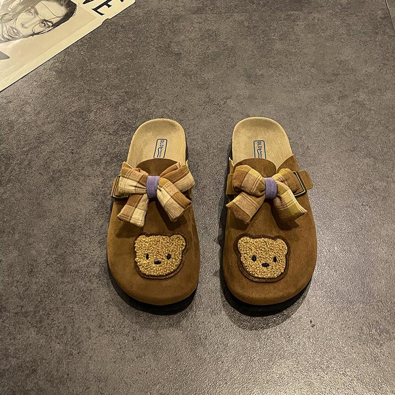 Cute bear bow slippers summer new retro niche design flat plaid college style shoes
