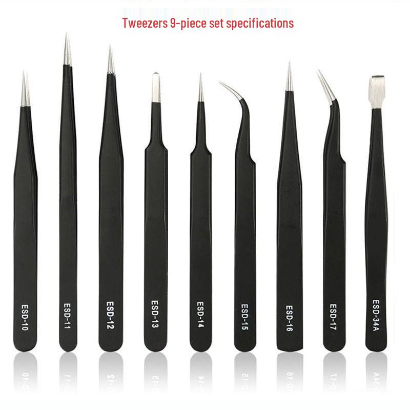

Набор из 11 антистатических пинцетов ESD с острыми, изогнутыми и прямыми кончиками из нержавеющей стали в холщовой сумке для удаления волос и ресниц.