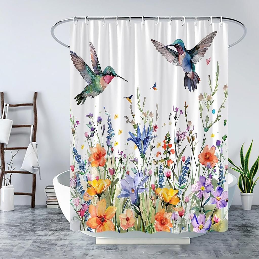 Hummingbird Shower Curtain Spring Colorful Birds Watercolor Floral Leaves Nature Garden Scenery Modern Blooming Flower Plant Fabric Curtain with Hook