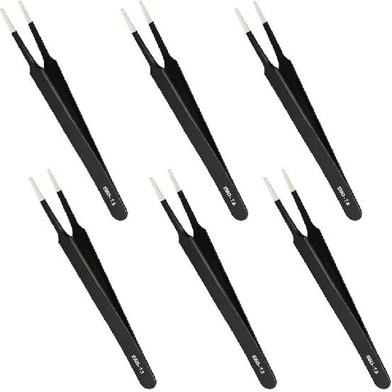 Aoje-Link ESD-13 Professional Anti-Static Technology Tweezers, Non-magnetic Flat and Round, Stainless Steel Plastic Coated, Full Length 120mm, Black,