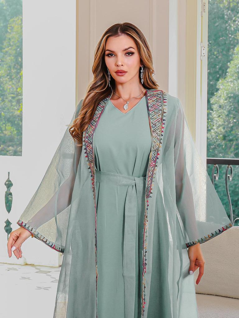 Available: Elegant Embroidered Muslim Two-Piece Mesh Long Dress Abaya for Women