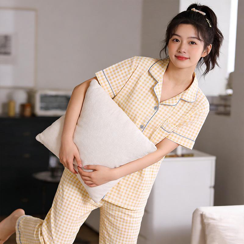 New plaid control pajamas women's summer cardigan short-sleeved short trousers three-piece set sweet student loungewear