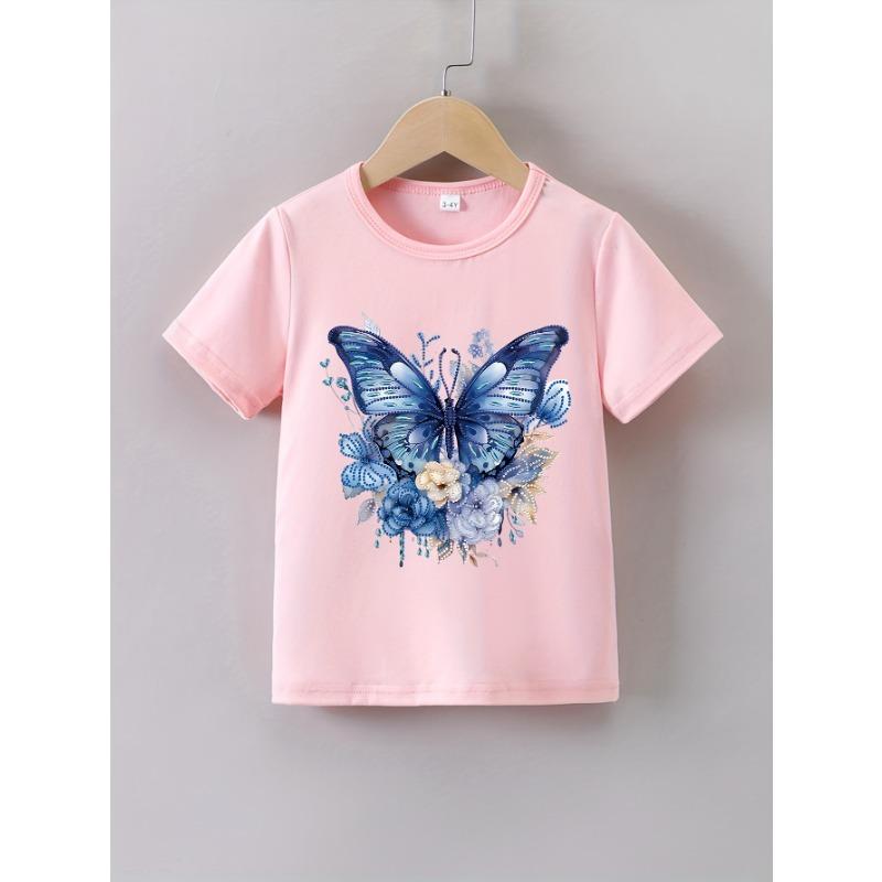 Tailles européennes Impression graphique Papillon T-shirts Créatifs Doux & Élastique Confortable Col rond Manches courtes T-shirt Hauts d'été pour filles
