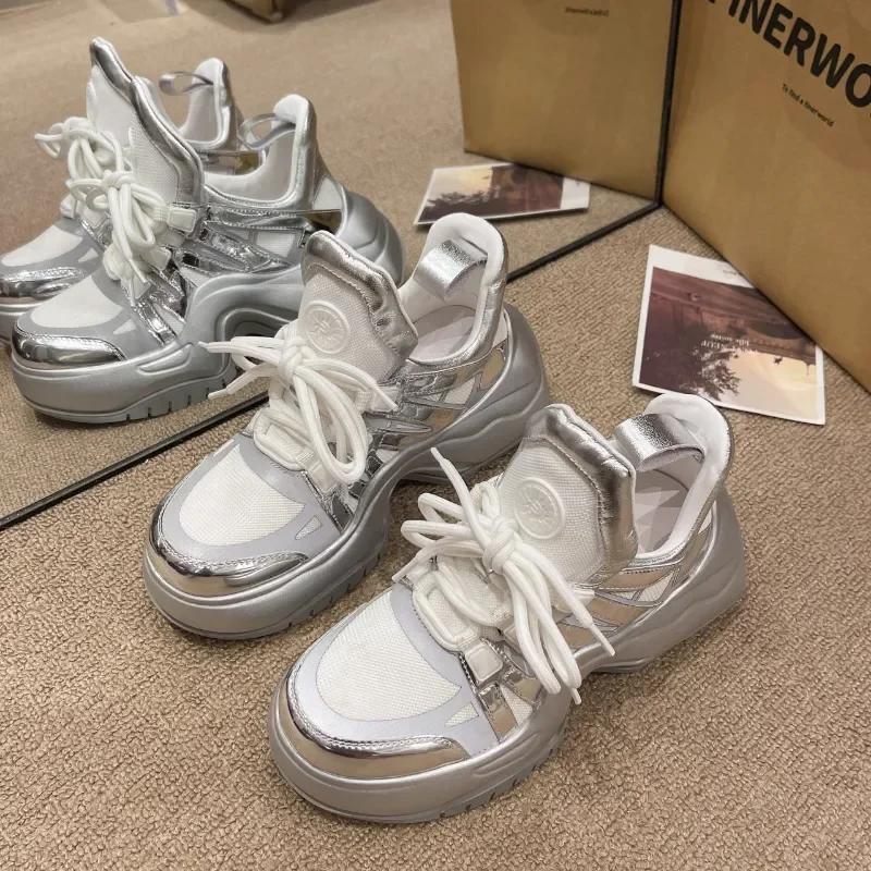 Chunky Sneakers for Women Spring Autumn New Thick Bottom Vulcanized Shoes Woman Mesh Breathable Lace Up Platform Sneakers2024