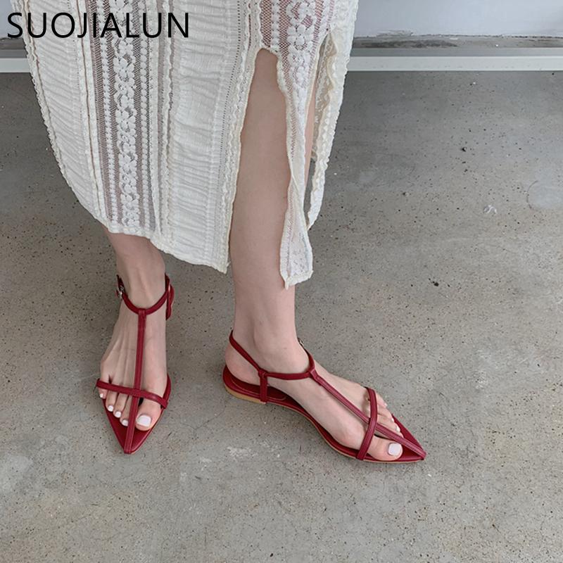 Fashion SUOJIALUN 2025 New Brand Women Sandal Fashion Narrow Band Flat Heel Ladies Gladiator Shoes Pointed Toe Ankle Buckle Zapatos Muje