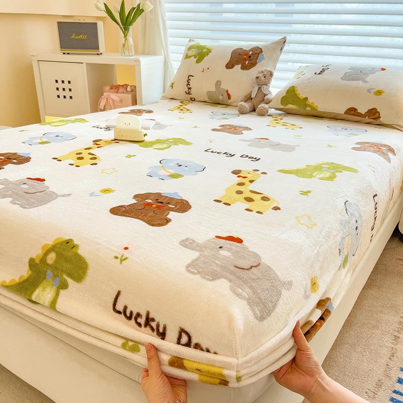 Winter Warm Flannel Fleece Bed Sheet Cartoon Flower Printed Thick Bed Sheets for Winter Single/Queen/King Soft Plush Bed Sheet