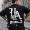 Herren schwarzes Kurzarm-T-Shirt mit übergroßem Los-Angeles-Stadtbild-Grafik-Rückendruck, weiche Baumwollmischung, lockere Passform, Rundhalsausschnitt, Streetwear-Stil