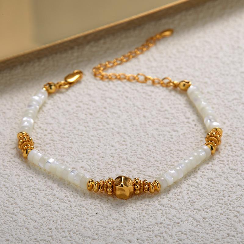S925 Sterling Silver Natural White Shell Color Treasure Bracelet Female Original Light Luxury Design Minimalist White Shell Beaded Set