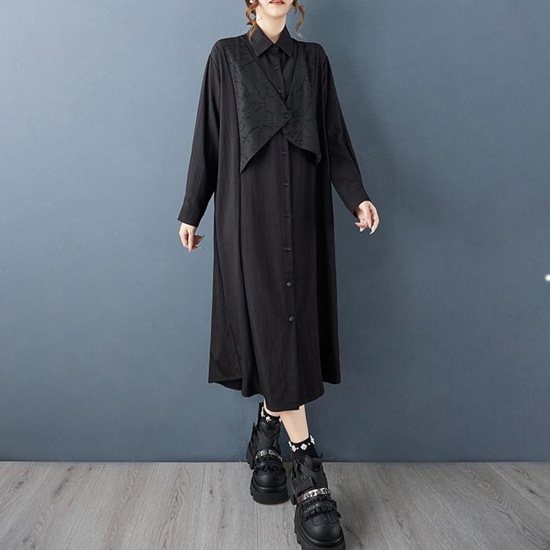Long sleeve Plus size vintage Black new in dresses for women casual loose Spring autumn shirt dress