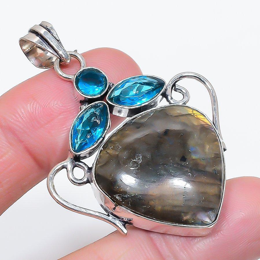 Natural Labradorite, Topaz 925 Sterling Silver Jewelry Pendant 2.17" a1o49