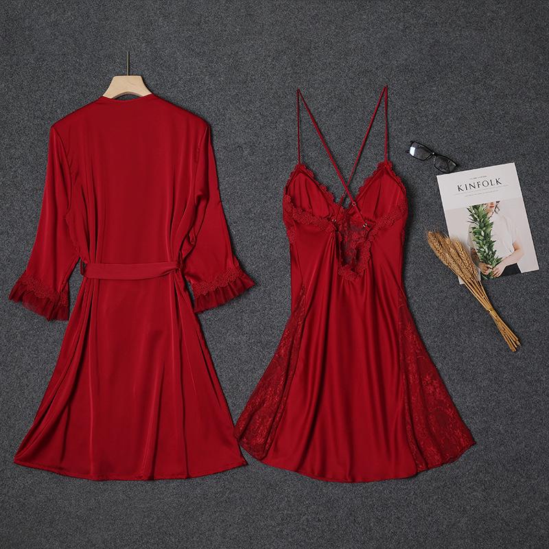 Conjunto Sexy de Camisola de Cetim e Robe de Renda para Mulher