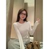Gray Round Neck Brushed Plus Velvet Thickened Bottoming Shirt for Women Autumn and Winter New Herringbone Line Slim Long-sleeved Inner Top