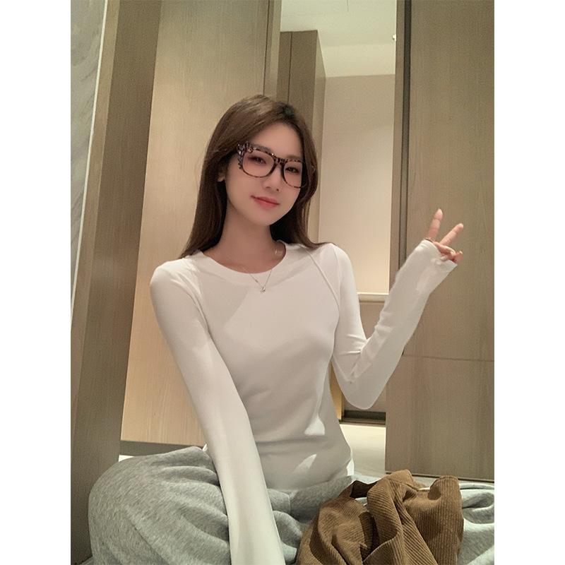 Gray Round Neck Brushed Plus Velvet Thickened Bottoming Shirt for Women Autumn and Winter New Herringbone Line Slim Long-sleeved Inner Top