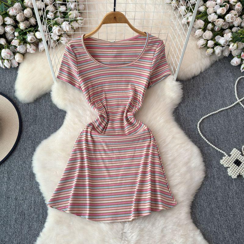 

2024 Dating Dress Summer Small Gentle Sweet Pure Western Style Youthful-Looking Cute Rainbow Stripes Dress Female Rainbow Stripes color S