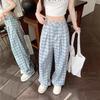 Women's Blue Check Wide-Leg Pants: High-Waist, Loose Fit, Summer Casual Design