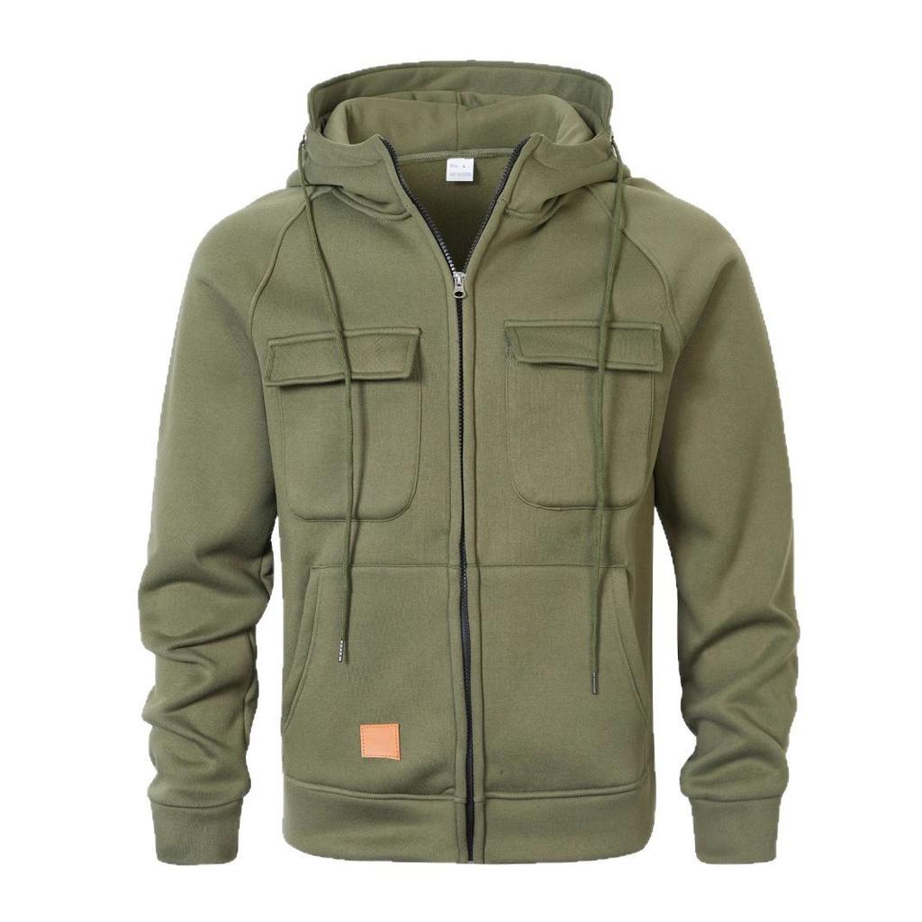 Autumn And Winter Tooling retro hooded loose pulled sweater young men multi-pocket sticker leather cardigan jacket