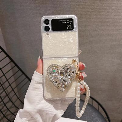 Lüks Bling Rhinestone Kalp Tutucu Telefon Kılıfı Samsung Galaxy Z Flip 5 4 3 Z Flip3 Flip4 Flip5 5G Kapak Inci Zinciri Ile