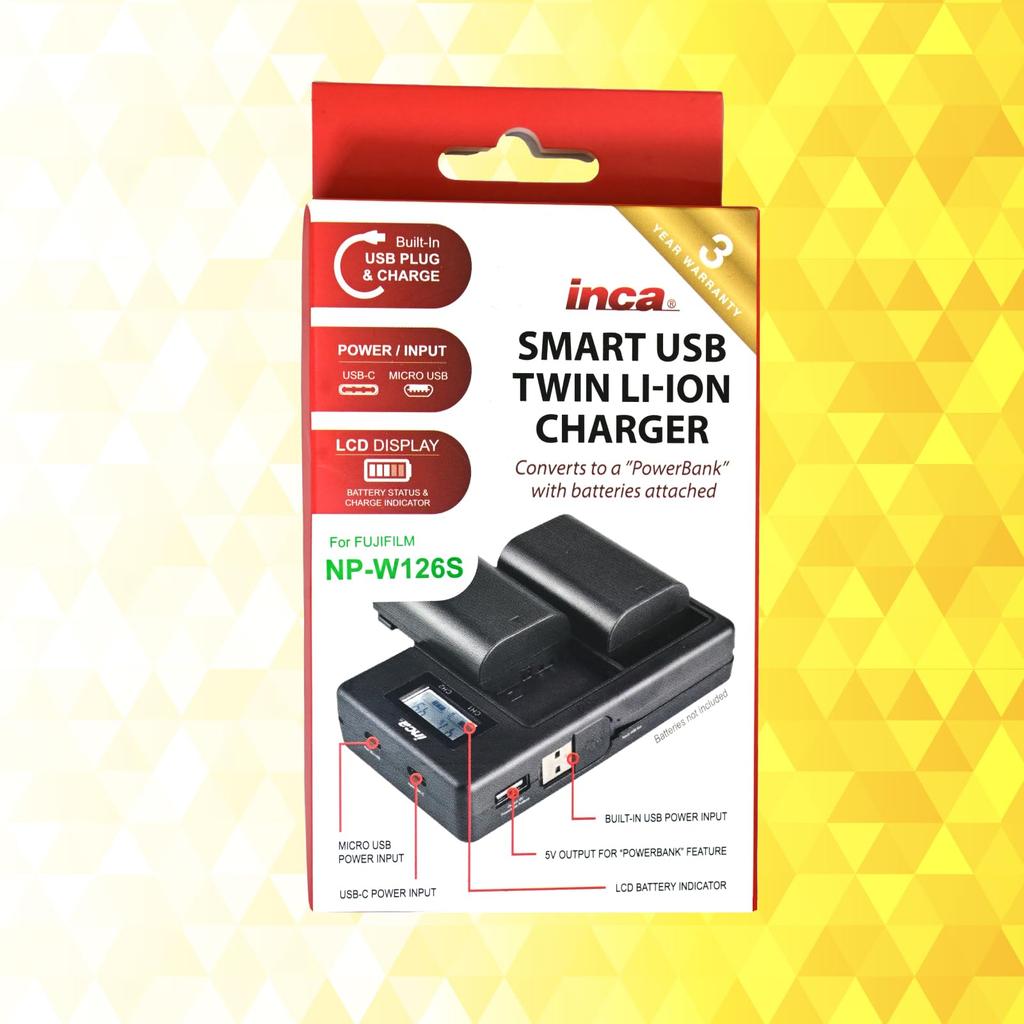 INCA Smart USB Twin Charger for Fujifilm with NP-W126 (Compatible X-T2, X-T20, X-T100, X-E3, X-A5, X-H1, etc.) (INCD-SD020)