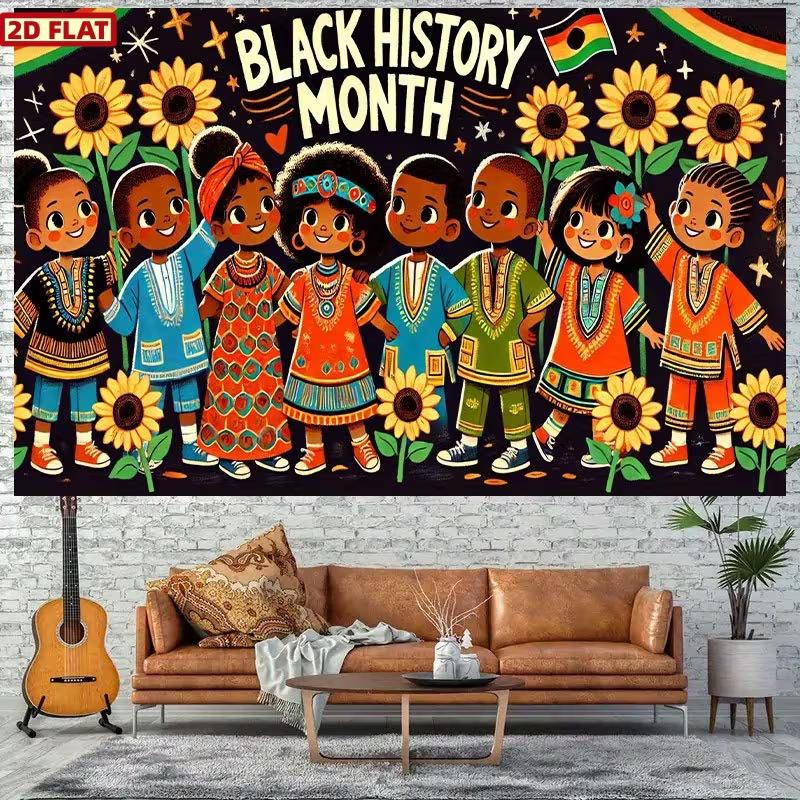 Black History Month Backdrop, African American Kids with Sunflowers and Traditional Clothes for Party Decoration