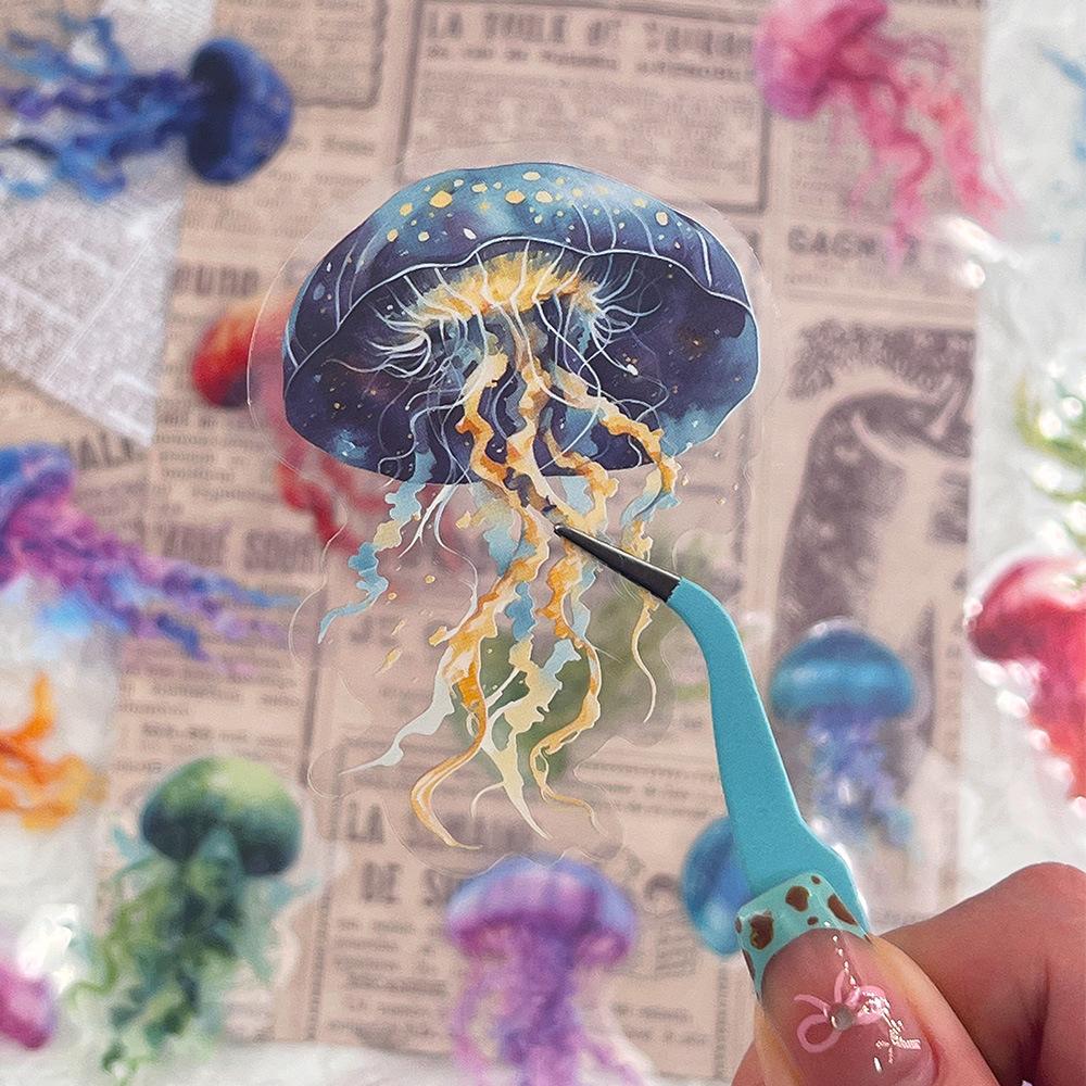 50 Transparent Cartoon Color Jellyfish Sticker Pack Waterproof Transparent PET Hand Account Decorative Guitar Notebook