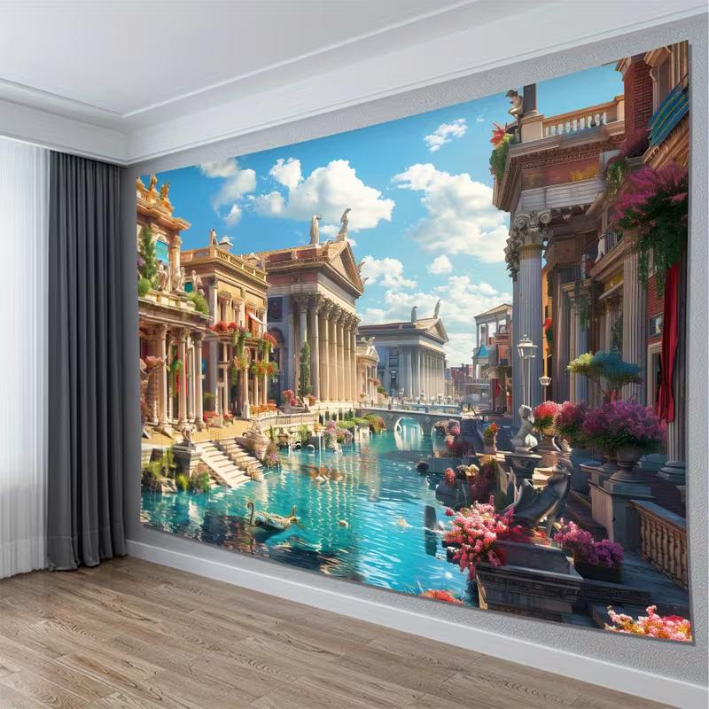 2D Fantasy Venice Style City Tapestry Ancient Roman Architecture with Water Canal Wall Decor Cloth for Home & Bedroom