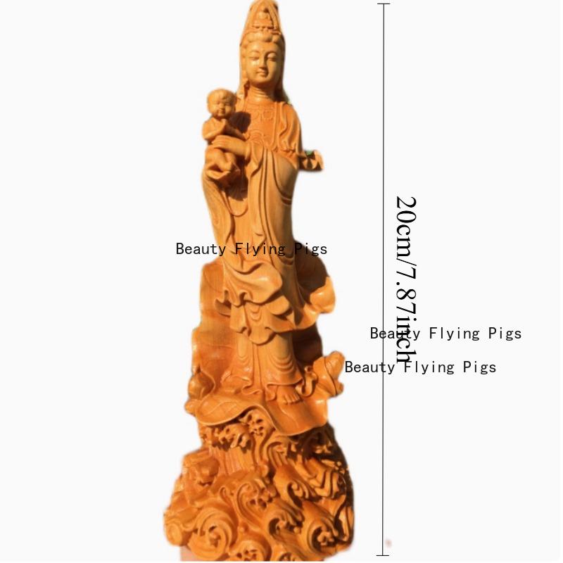 Wooden Statue of Guanyin Sending Children Chinese Style Figure of The Buddha Solid Wood Carving Crafts Home Decoration 20cm