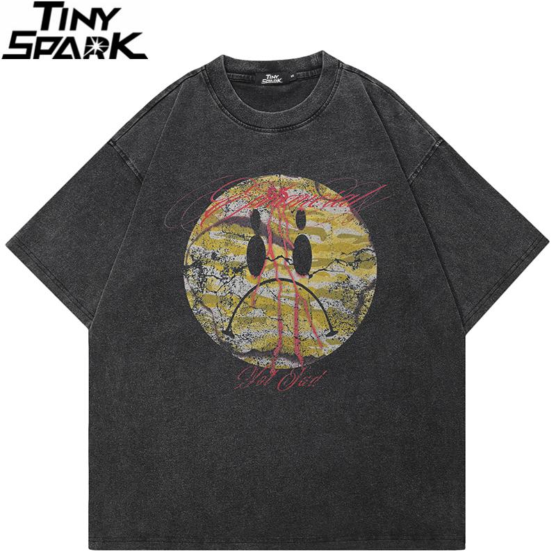 Hip Hop Faded Black TShirt Streetwear Graffiti Graphic T Shirt Sad Face Printed Men Tshirt Cotton Tops Tees Hipster