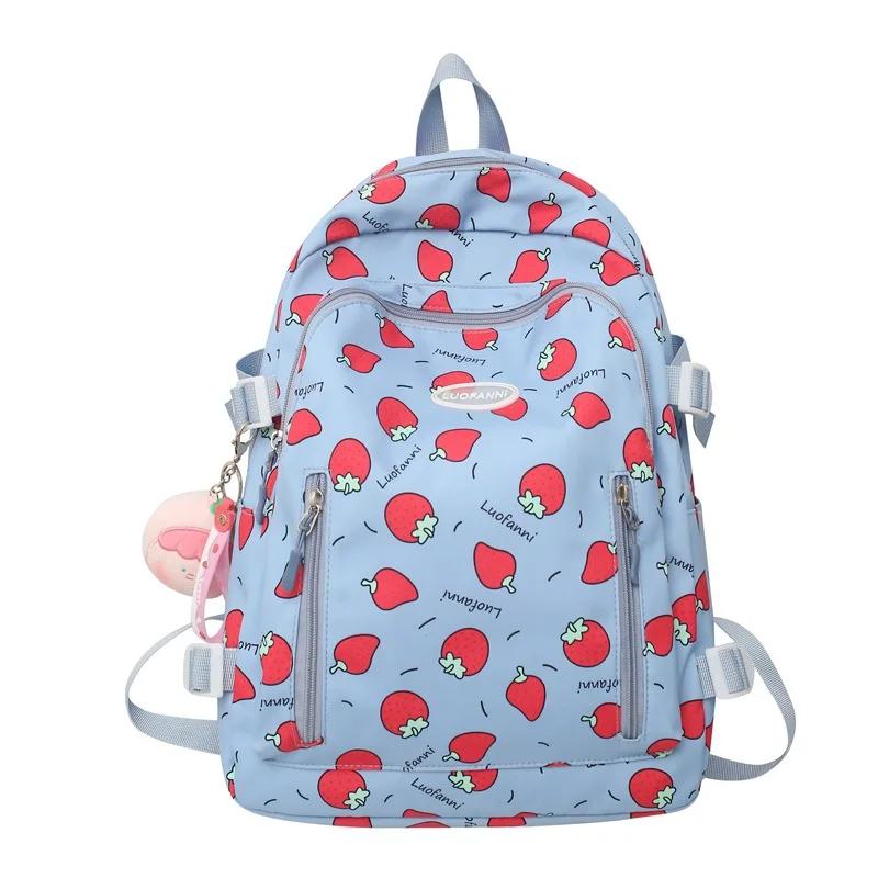 Cute Strawberry Print Girls' Schoolbag with Wide Shoulder Straps Spine Protection Lightweight Campus Backpack