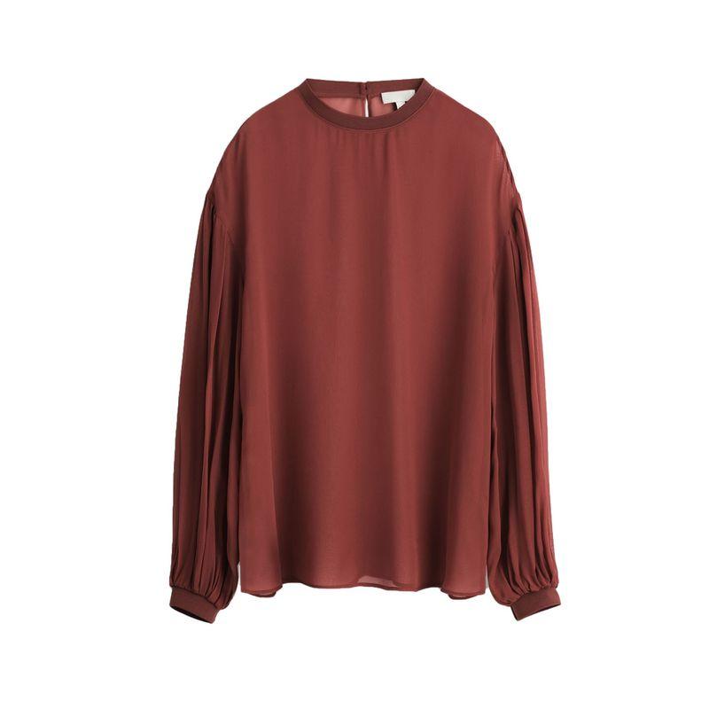 

CS Autumn New Women clothes Minimalist round Neck Casual Style Transparent Lantern Sleeve Shirts Top 1309655 Vermilion 40