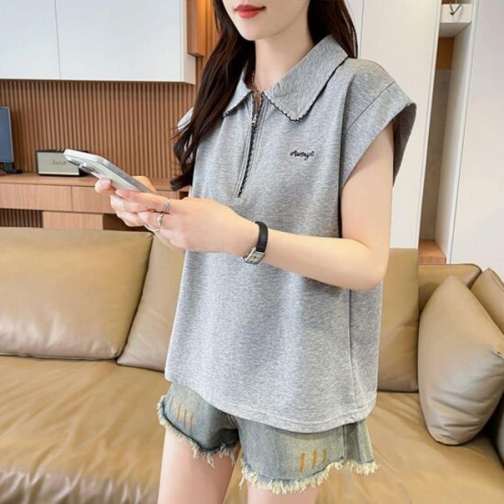Navava Women Casual Embroidery Half Zip Collar Cap Sleeve T shirT nT3343