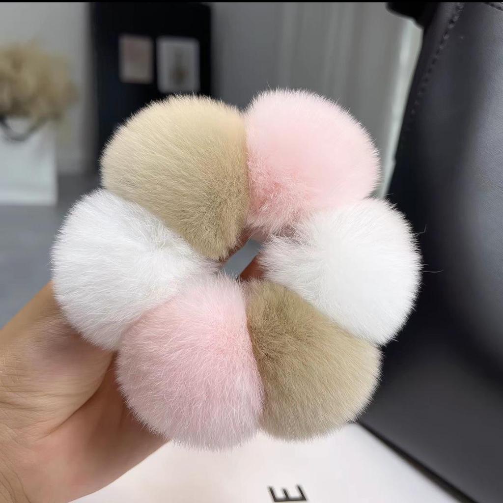 Korean Cute Real Rabbit Fur Pom-Pom Hair Tie - Plush Ball Hair Accessory