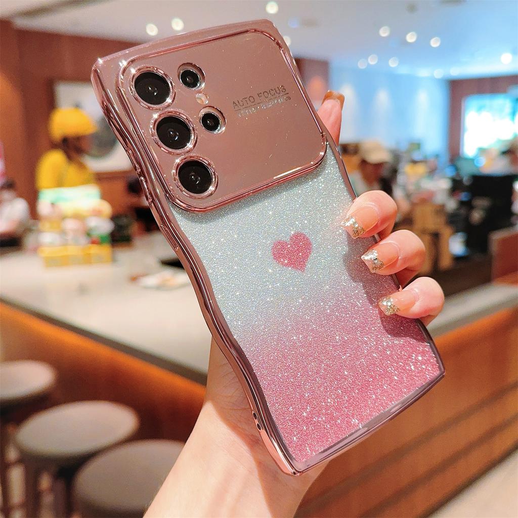For Samsung Galaxy S24 Ultra Case Love Heart Gradient Glitter TPU Phone Cover Electroplating Curly Frame