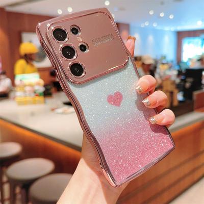 Für Samsung Galaxy S24 Ultra Hülle Liebesherz Farbverlauf Glitzer TPU Handyhülle Galvanisiert Geschwungen Rahmen