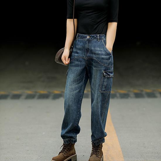 Spring and Autumn High Waist Work Clothes Jeans Women's Loose Pants Elastic Waist Straight Tube High Waist Slimming Pants