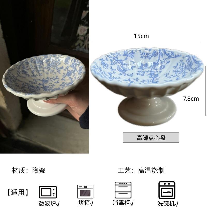 French Floral Ceramic Plate  Vintage Blue and White Dessert Fruit Plate  Cake Plate  Steak Pasta Plate  Photo Taken