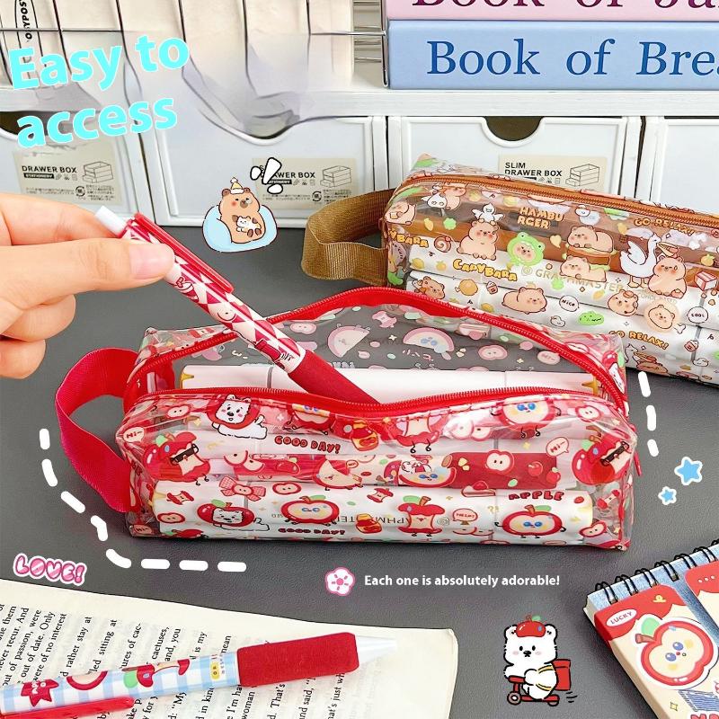 Cute Cartoon Capybara Bear Pvc Pen Bag Transparent Large Capacity Pencil Case Stationery Storage Bag Stationery Box Supplies