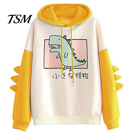Dinosaur Pattern Long Sleeve Sweatshirt Cotton Blend Pullover Teens Girls Winter Hooded for Home L жёлтый